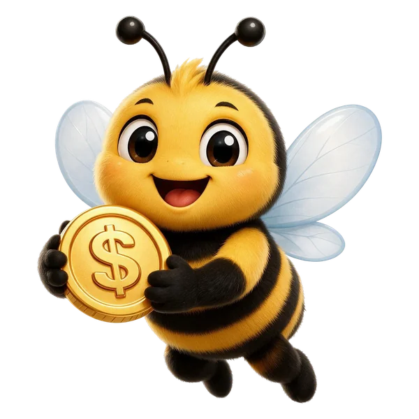 Cashhive bee mascot hugging a gold dollar coin